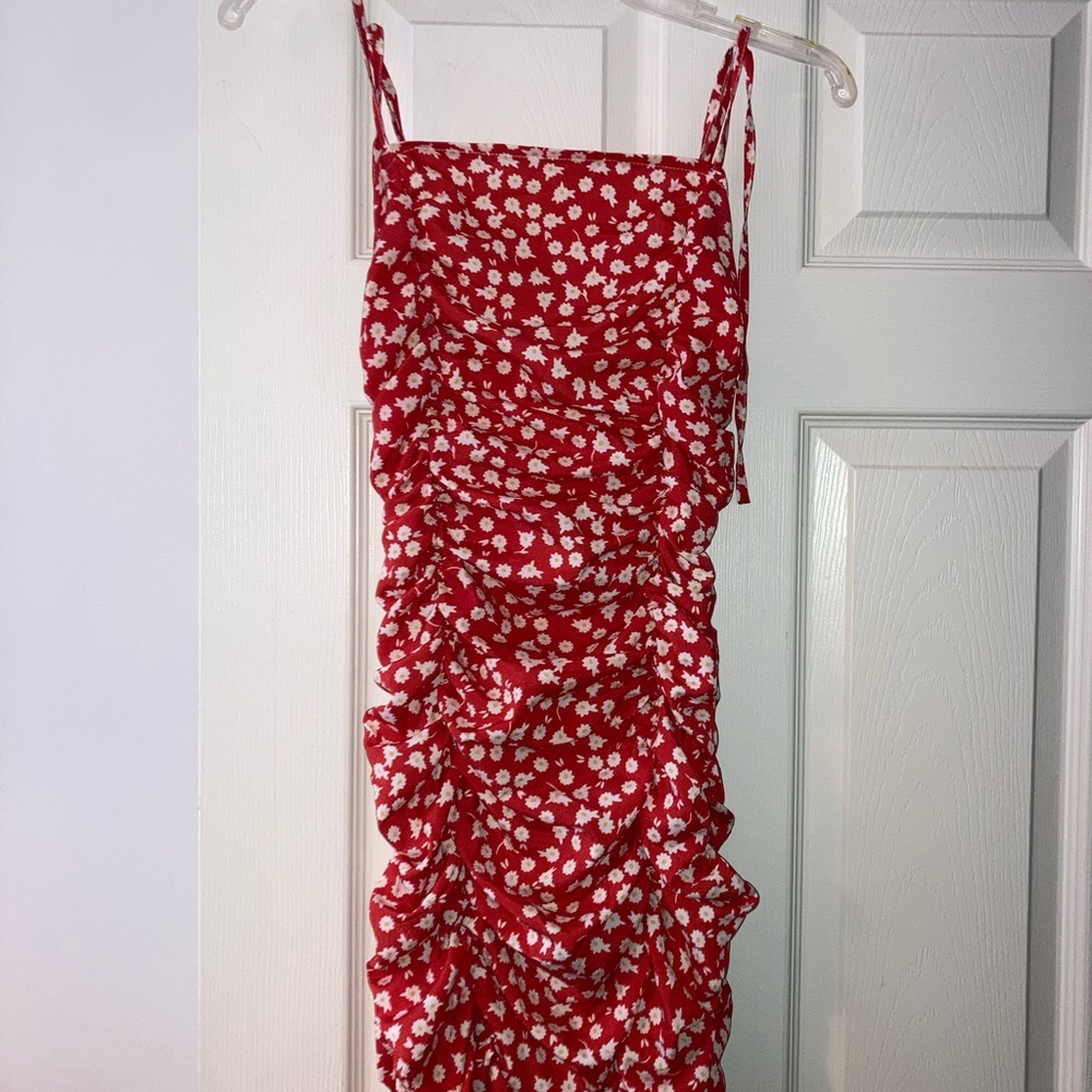 Red Rouched Flower Dress